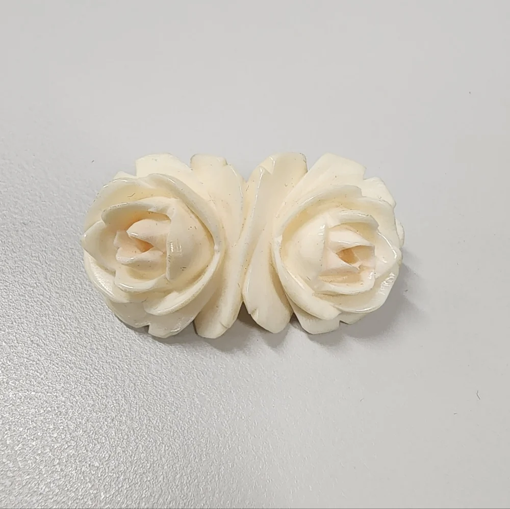 Vintage Carved Rose Brooch Creamy Off-White Double Flower Floral Pin Victorian